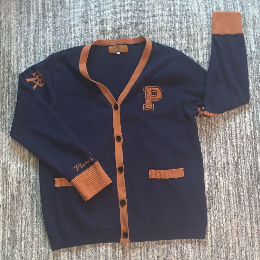 Pharos‎ Academy Adult Small School Uniform Cardigan Sweater Navy Blue Orange
